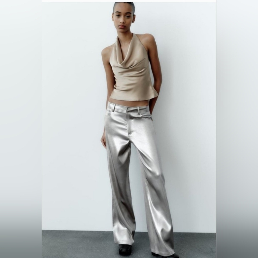 NWT Zara Satin Effect Silver Foil Pants